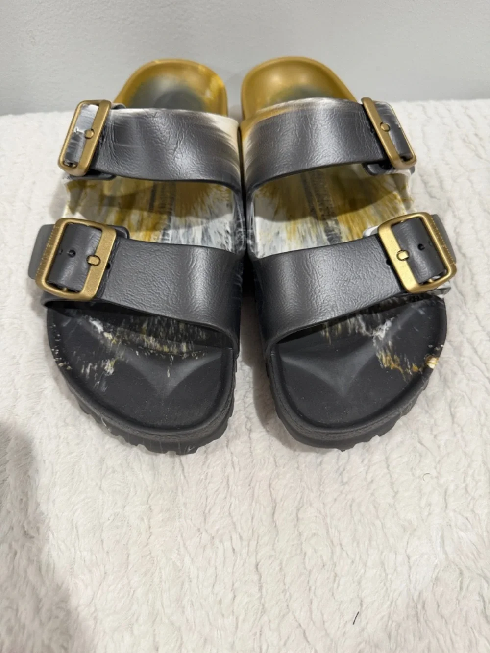 Birkenstock Grey and Gold Double Buckle Slides - Picture 3 of 6